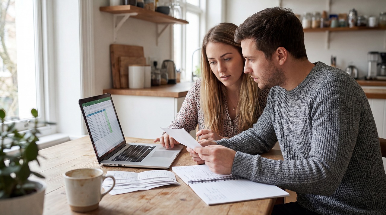 rent, couple, money, finance, debt, business, computer, technology, laptop, digital, internet, keyboard, table, work, design, ai generated